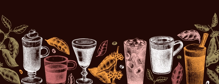 Hand-sketched coffee banner template on chalkboard. Vector sketches of mugs with aromatic caffeine drinks. With botanical coffee plants, leaves and beans in vintage style. Vector beverages design